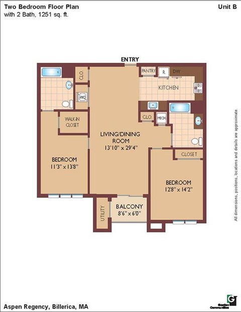 Floor plan for 2 beds, 2 baths, 1251 sqft